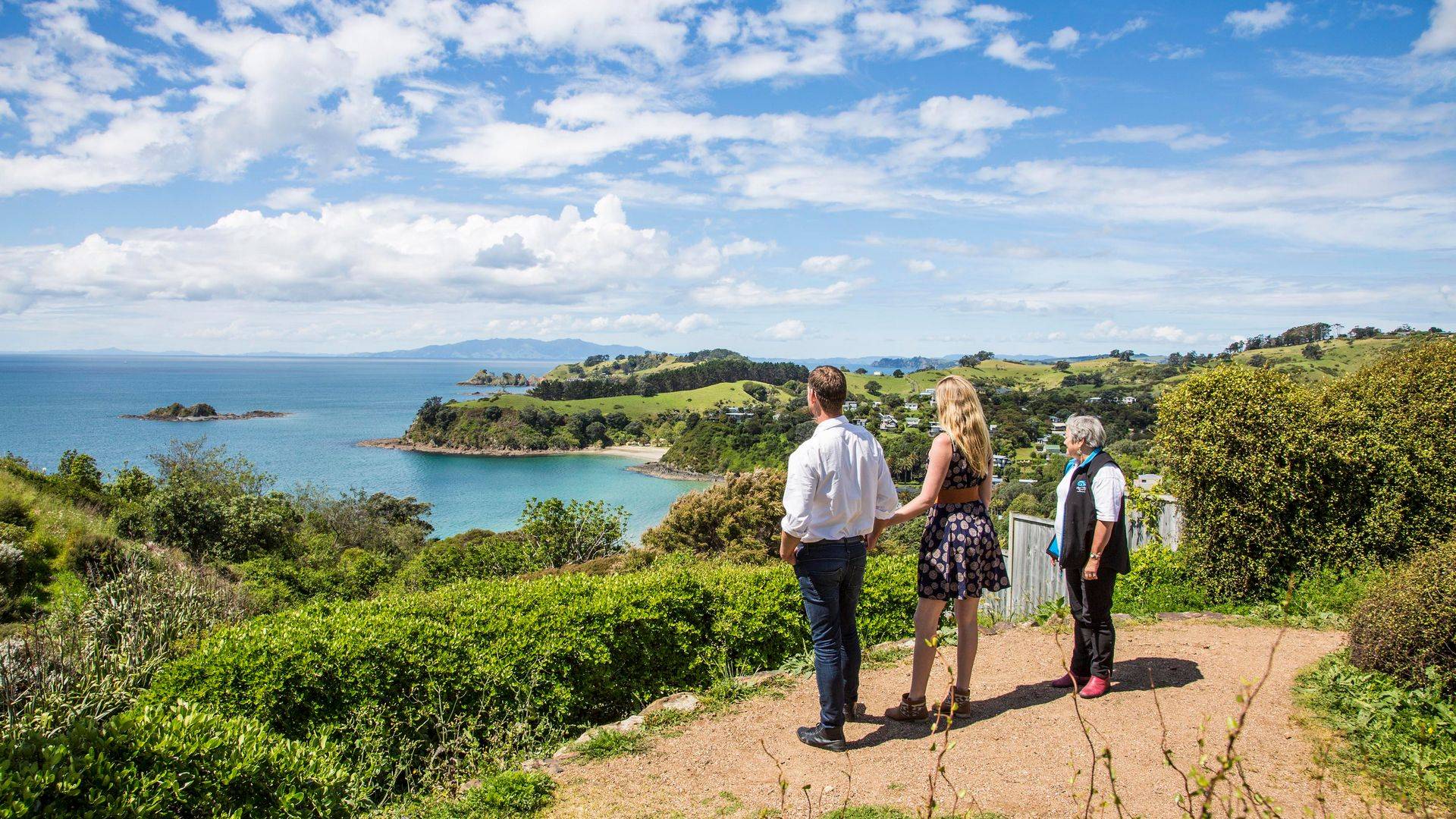 waiheke wine tour with couple admiring the view